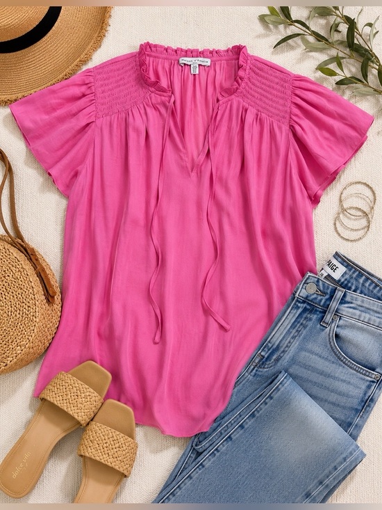 Maison D' Amelie Tops - Anthropologie Maison d’Amélie Paris Pink Smocked Flutter Sleeve Blouse S
